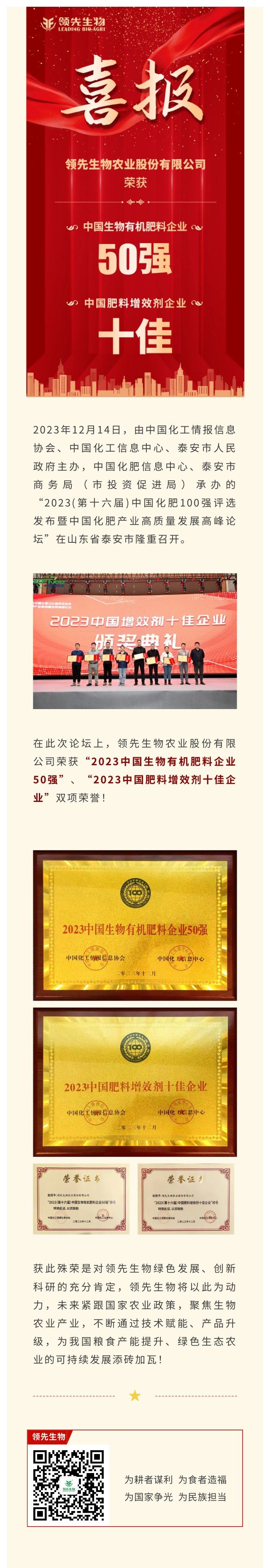 實力上榜 | 領先生物榮獲2023中國生物有機肥料企業(yè)50強！中國肥料增效劑十佳企業(yè)！